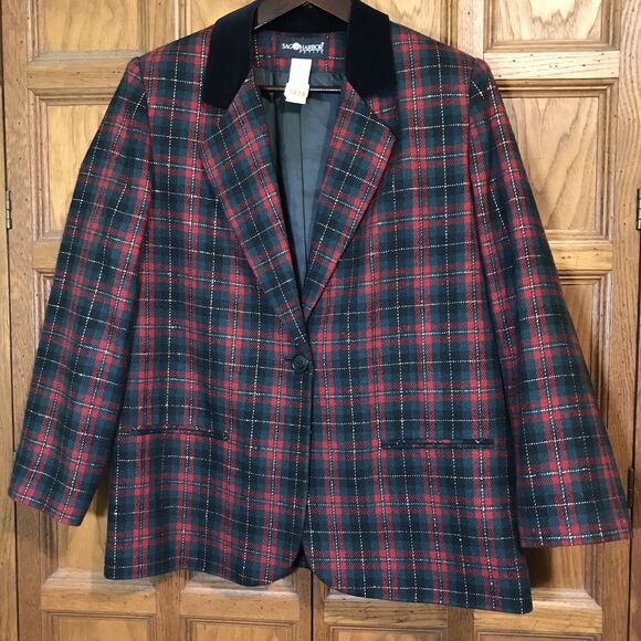 Vintage Sag Harbor Blazer Women's 14 Red Tartan Plaid Gold Thread 90s Wool Blend - Picture 4 of 12